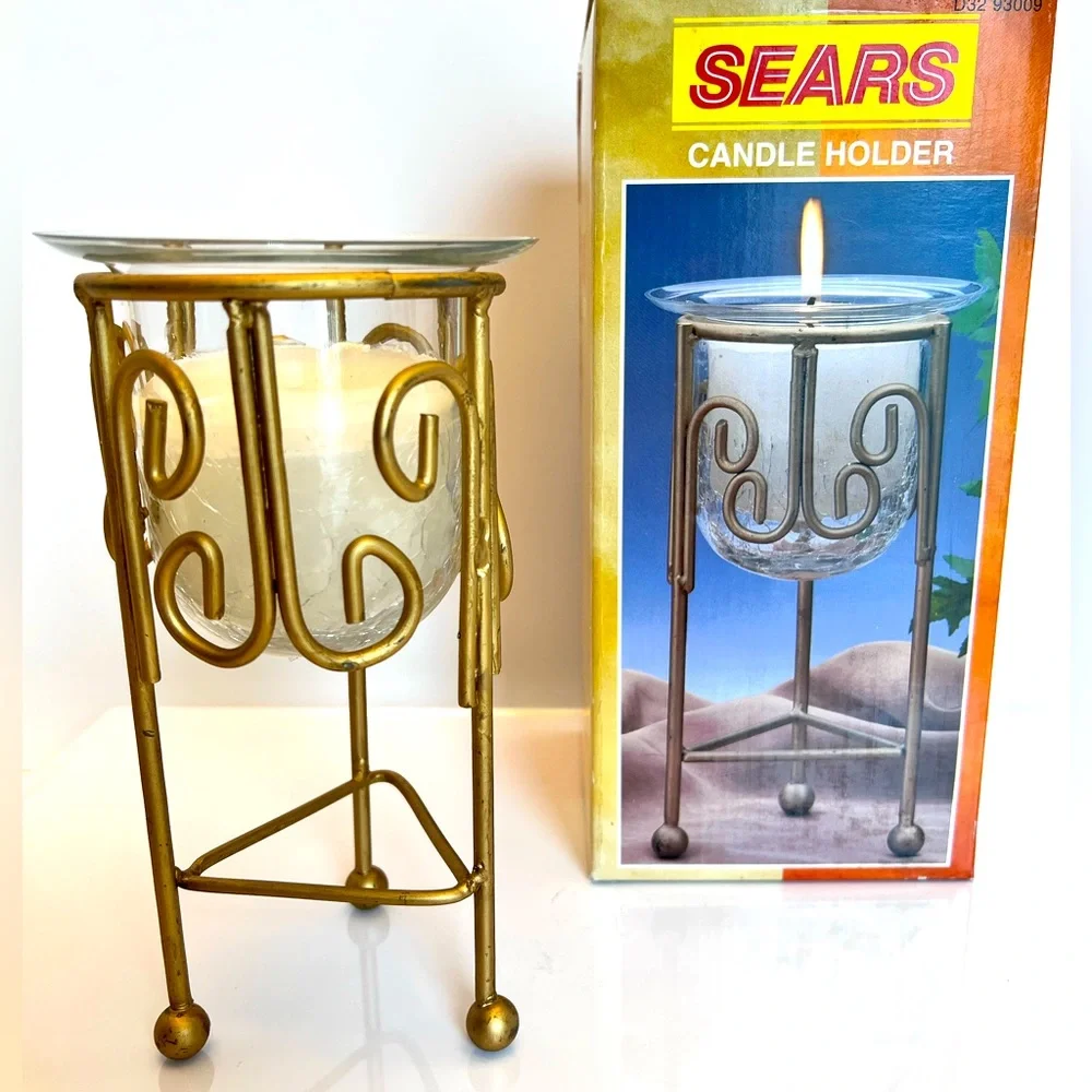 Vintage Brass Color Metal 7.5 inches Tall Candle Holder with Candle.  New in Box